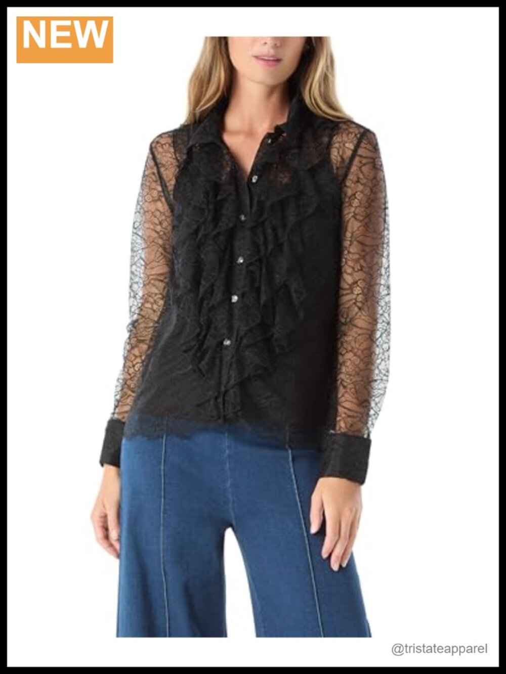 Sheer Lace Button Front Blouse with Attached Cami Long Sleeve